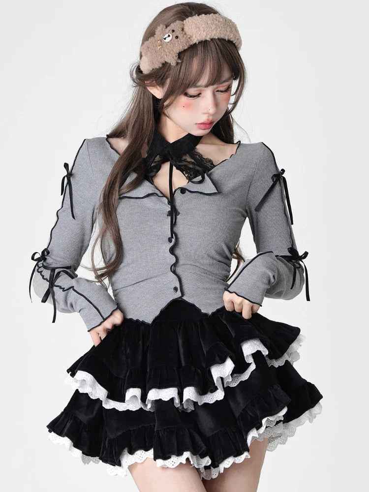 MQTIME - Black Velvet Ball Gown A-line High Waist Mini Women Skirt with Lace Gothic Style Pleated Skirts Korean Fashion Clothing
