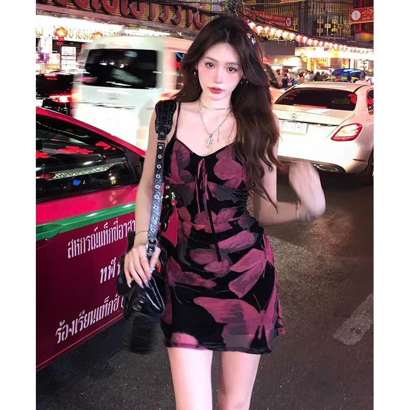 nvxiot - Elegant Vintage Slim Print Midi Dresses for Women Sleeveless Spaghetti Strap Red Butterfly Fashion Women's Clothing Summer 2024