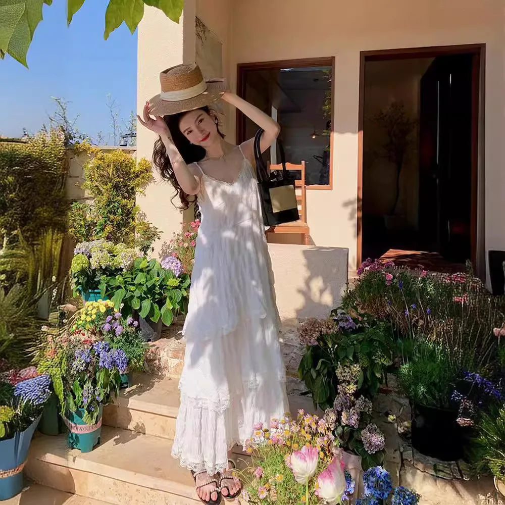 MQTIME - Fairy White Dress Seaside Vacation Beach Dress Premium French Long Halter Summer Loose Dress