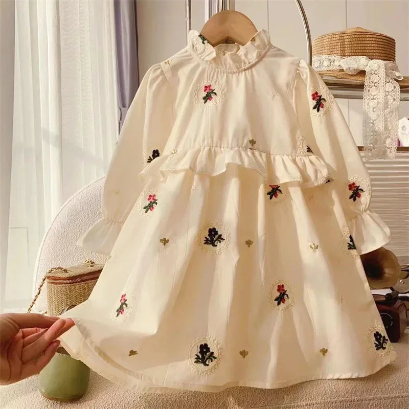 MQTIME - Girls Dress Autumn Girls Princess Dress New Spring Children Kids Baby Embroidery Ruffle Long Sleeve Dresses Vestidos 2-8Yrs