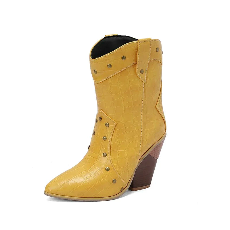 MQTIME - 2024 new autumn winter women ankle boots plus size 22-28cm pu upper pointed toe metal rivet high heel western boots