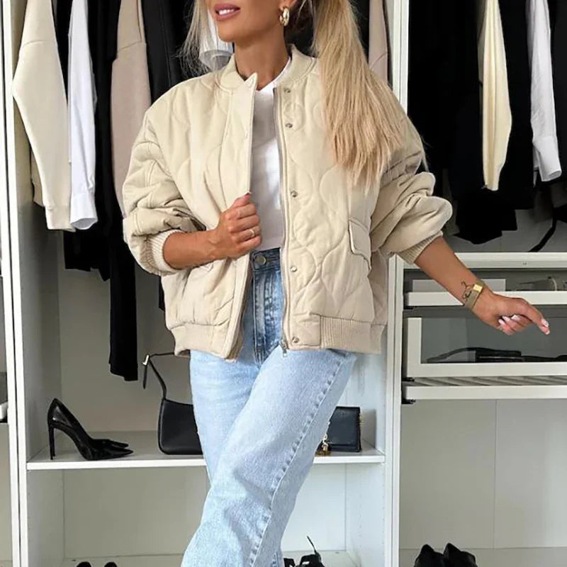 MQTIME - Lady Elegant Warm Pocket Down Coat Casual O Neck Single Breasted Cotton Jacket 2024 Fall Winter Long Sleeved Solid Loose Outwear