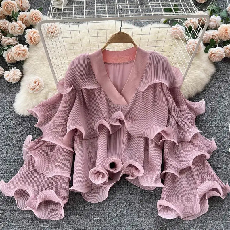 nvxiot - White Chiffon Ruffles Maternity Photography Tops Shirts Long Sleeve V Neck Pleats Chiffon Shirts For Pregnancy Photoshoot Blouse