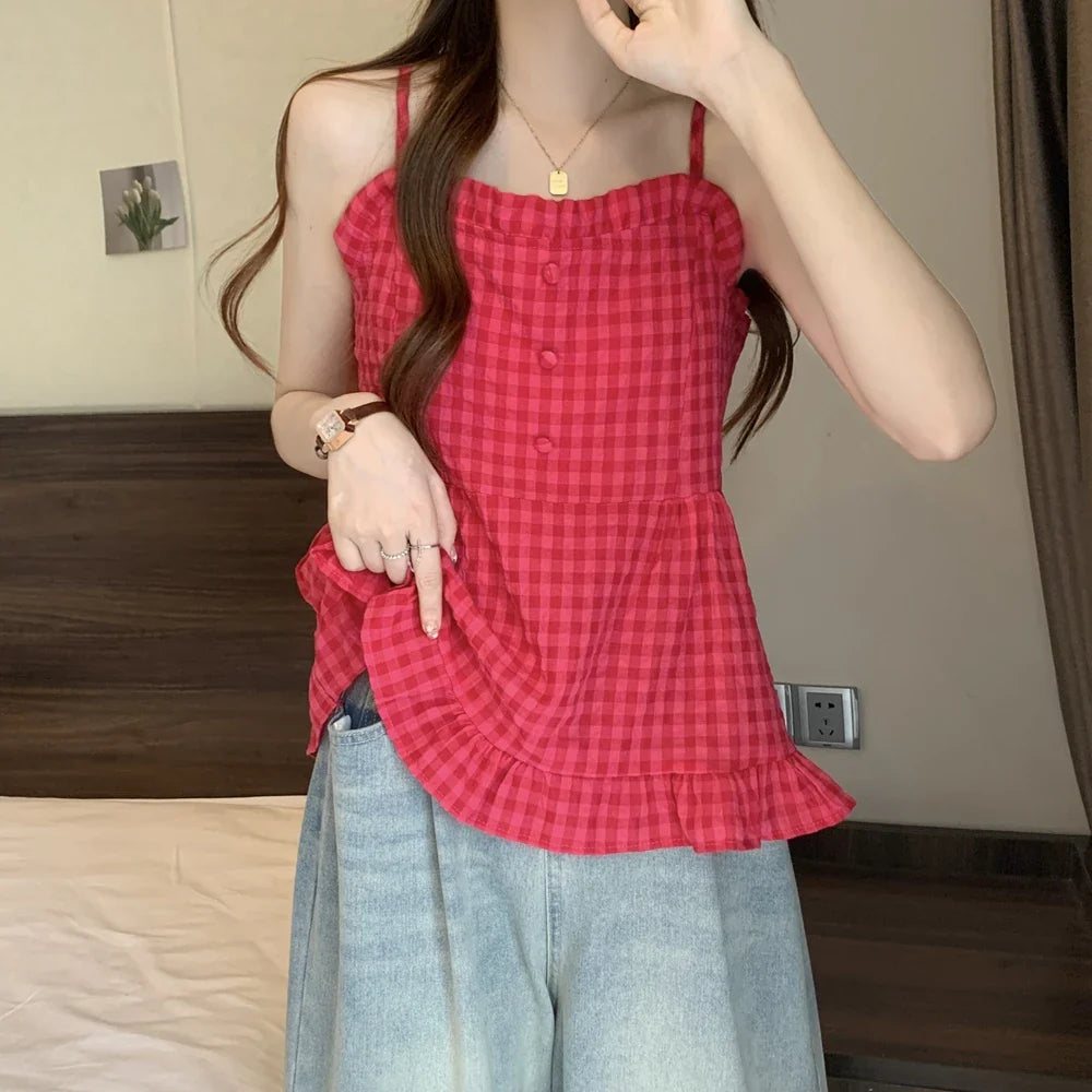 nvxiot - Mushroom edge versatile rose red cute chubby sister camisole tank top large women's shirt M-4XL 100kg Y2K