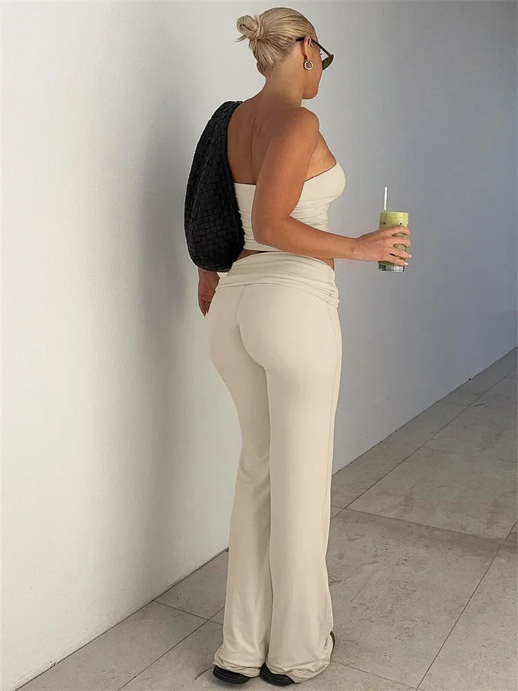 MQTIME - 2 Pieces Fold Over Flared Pants Women's Matching Sets Strapless Tube Top Trousers Solid Color Slim Outfit Leisure Suit
