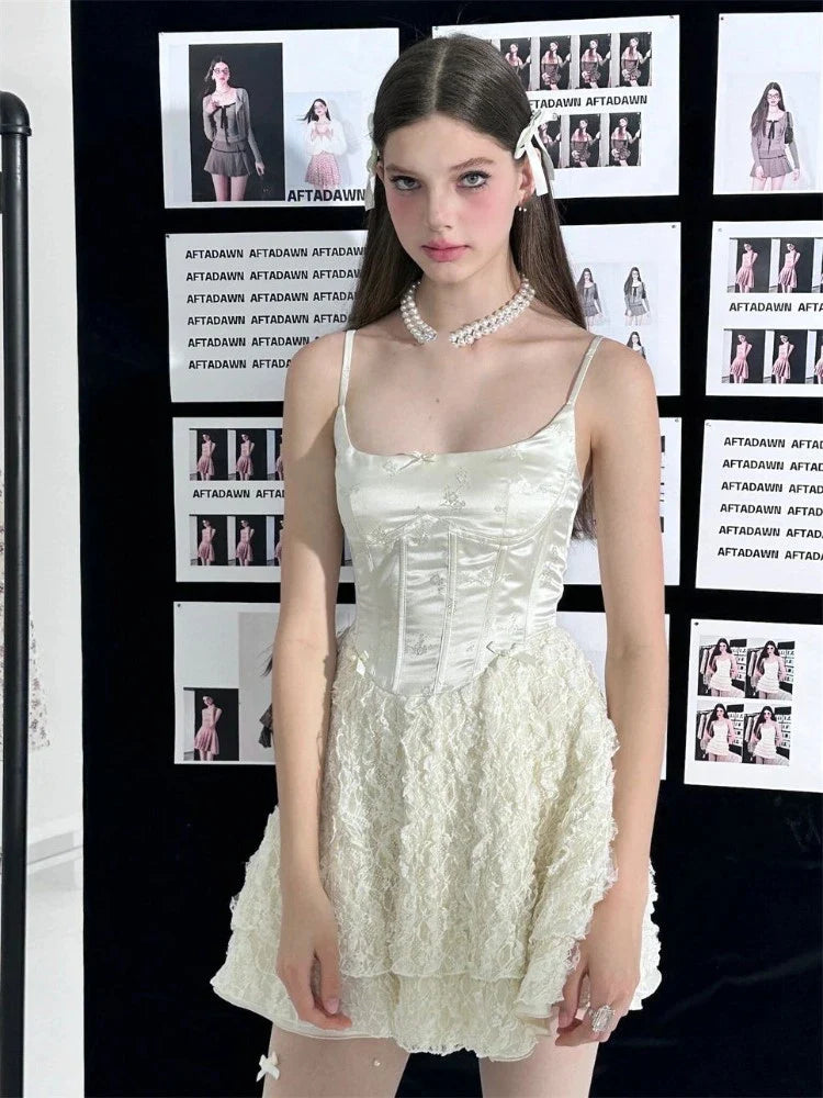 MQTIME - Y2K Short Dresses for Women Summer New High Waist White Lace Party Spaghetti Strap Streetwear Korean Ruffles A-line Mini Vestido