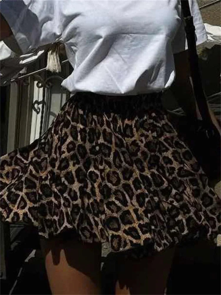 nvxiot - Fall Outfits 2024 Vintage Leopard Printed Skirt Female Sexy Casual Lace-Up Slim Contrast High Waist Commute Clothes Women's Pleated Skirts