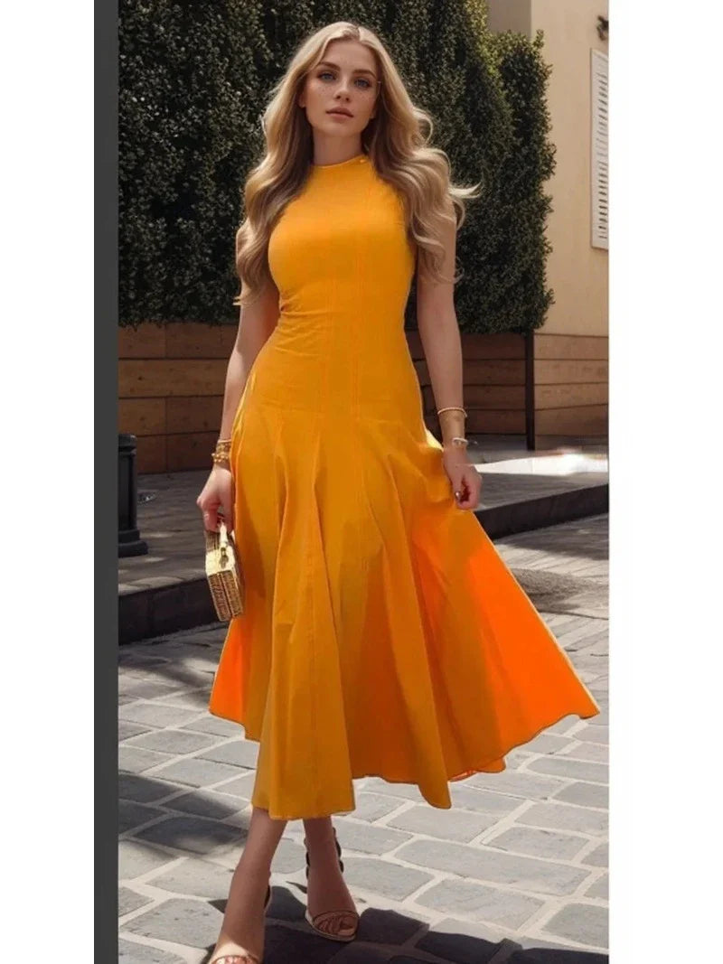 MQTIME - Elegant Dress for Women 2024 Summer New Fashion Women Casual Sleeveless O Neck Waist Bottom Long Dress Lady A-line Midi Dress