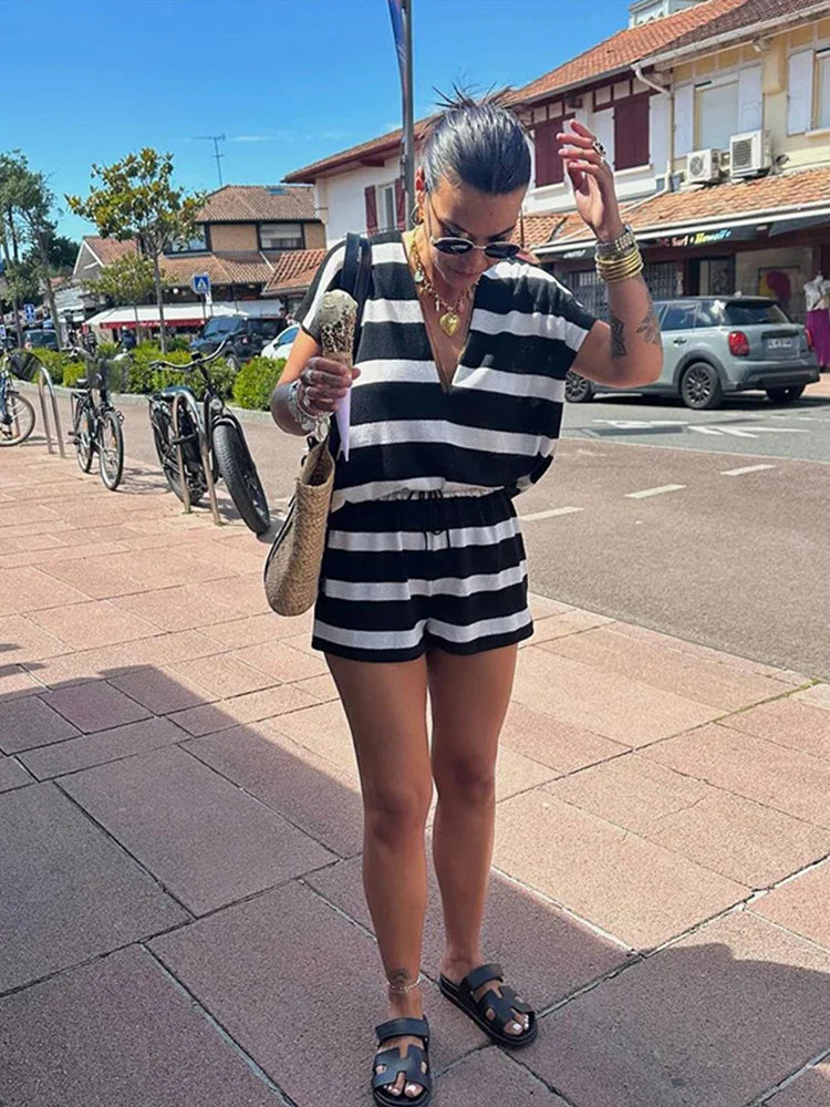 MQTIME - Casual Striped Women Short Suits V-neck Loose T-shirt Lace Up High Waist Mini Shorts 2024 Summer New Chic Female Two Pieces Sets