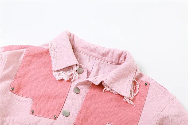nvxiot - Tassel Color Patchwork Cargo Jeans Jackets Women Fashion Turn Down Collar Long Sleeve Buttons Rivets Asymmetrical Denim Coat