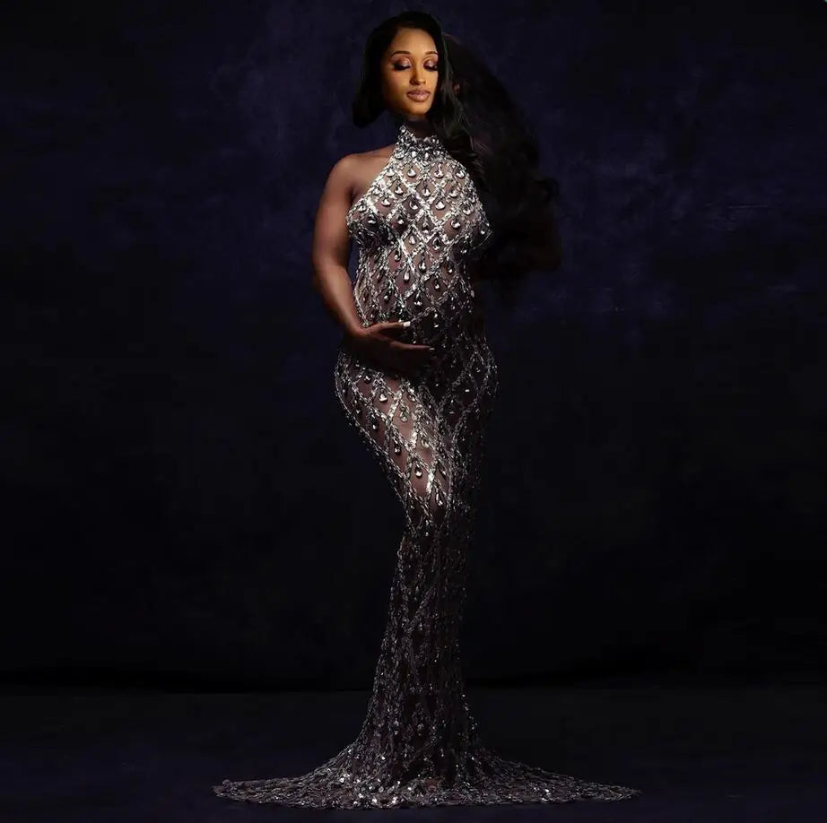 nvxiot - Maternity Photography Sexy Shiny Goddess Bodysuit Rhinestone Maternity Dress For Photo Shoot