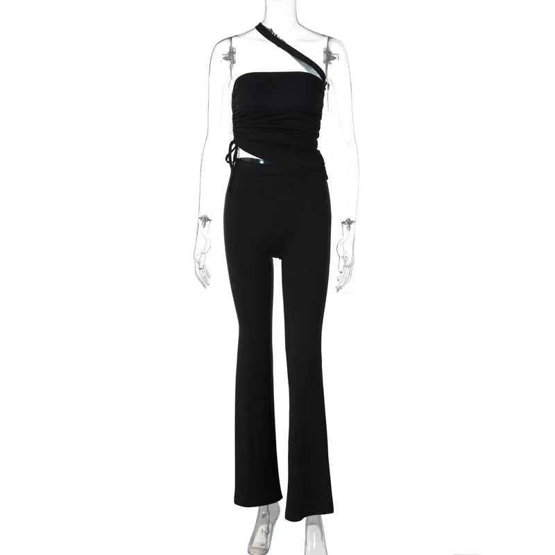 nvxiot - Women Casual Streetwear 2 Piece Set One Shoulder Strapless Drawstring Ruched Irregular Tops + Flare Pants Fashion Tracksuits