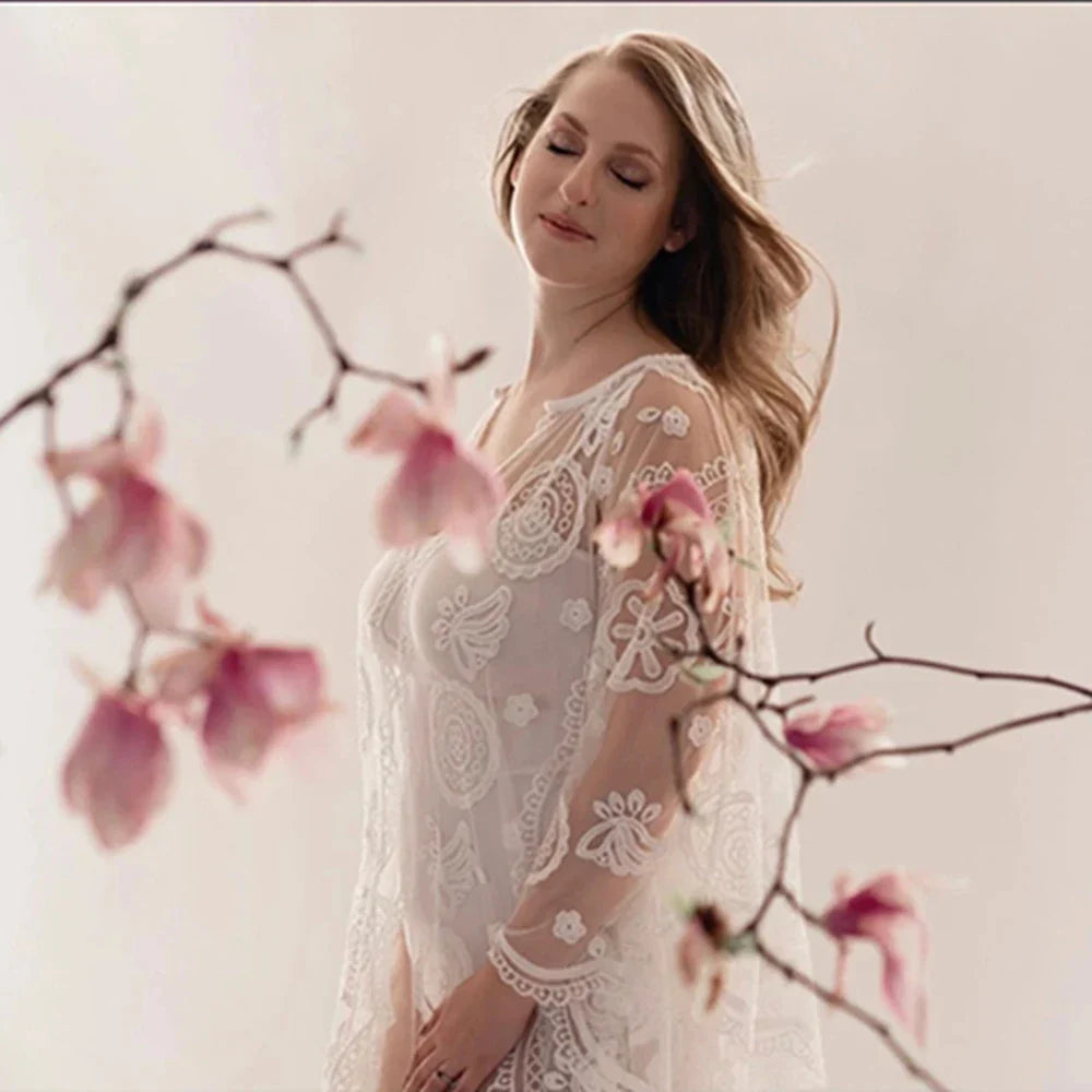 nvxiot - Lace Hollow Out Boho Maternity Gown For Photo Shoot Pregnancy Dresses Long Beach Skirt Women Wedding Dress Photography Prop Robe