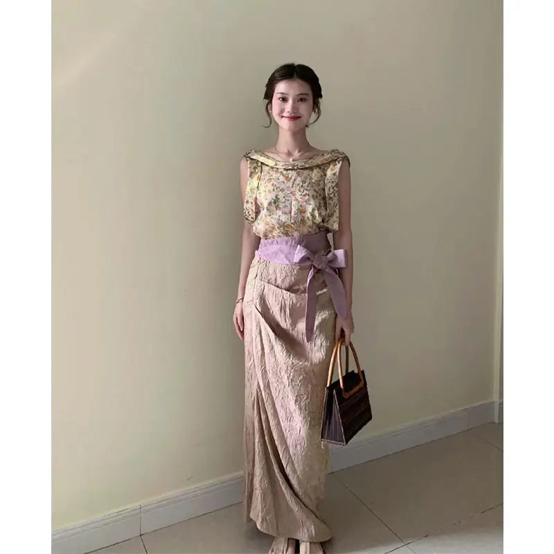 MQTIME - French Vintage Printed Sleeveless Top Ladies Elegant Style Slimming Lace up Long Skirt Set Summer Two Piece Sets Women Outfits