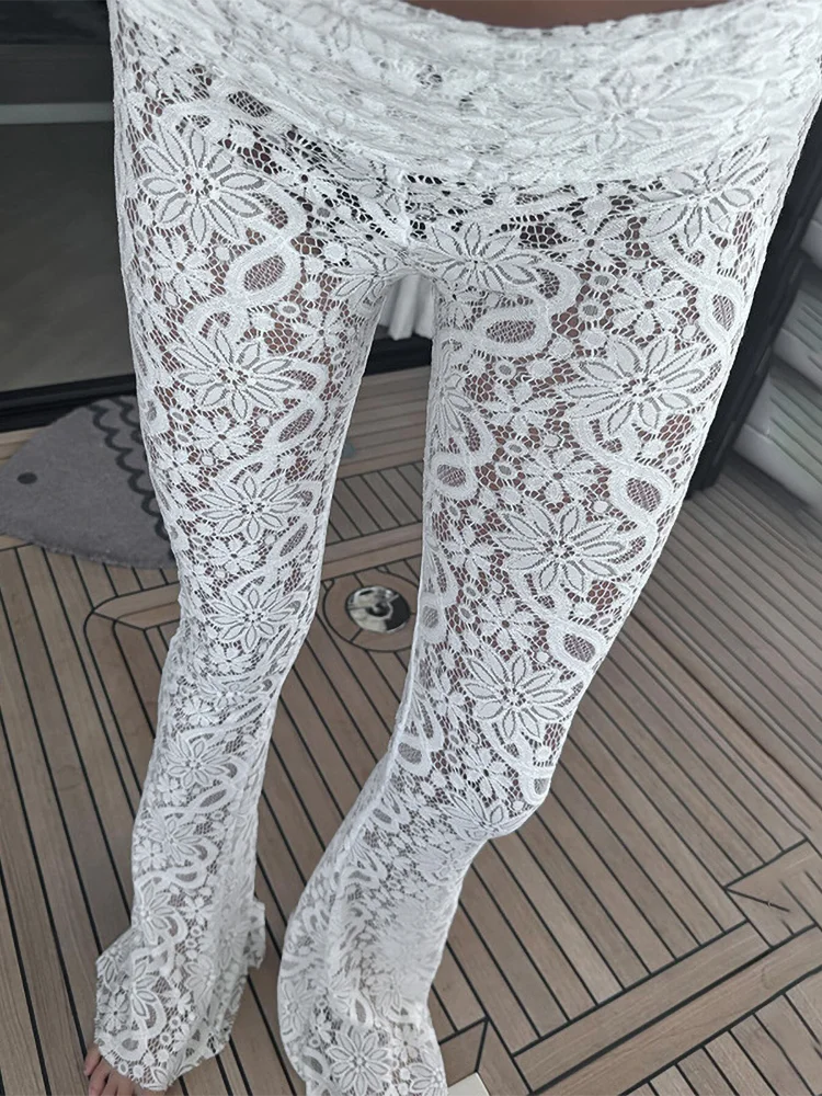 nvxiot - Sheer Hollow Lace Fold Over Flare Pants Solid Color Sexy See Through Skinny Trousers High Waist Casual Pants For Female