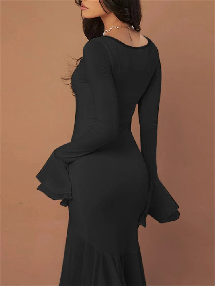 nvxiot - Ruffled Square Collar Fashion Maxi Dress For Women Bandage Slim See-Through High Waist Party Dress Gown Women's Long Dress