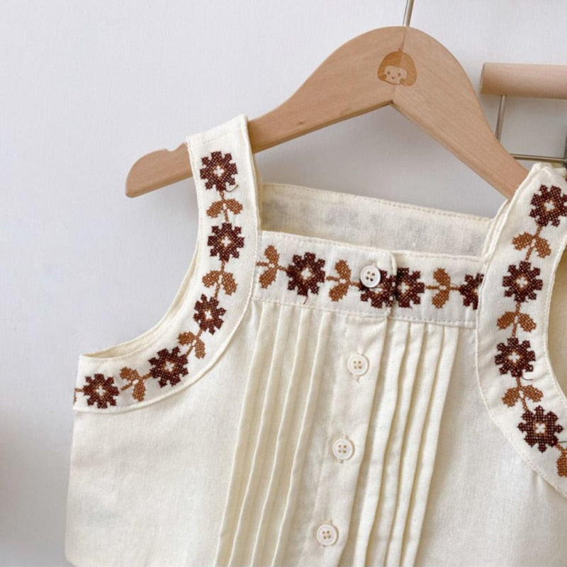 nvxiot Girl Clothes Sets Summer Solid Color Linen Cotton Spaghetti Strap Emboried Tops Wide Leg Pants 2Pcs Outfits Sets With Pants 2-7Y
