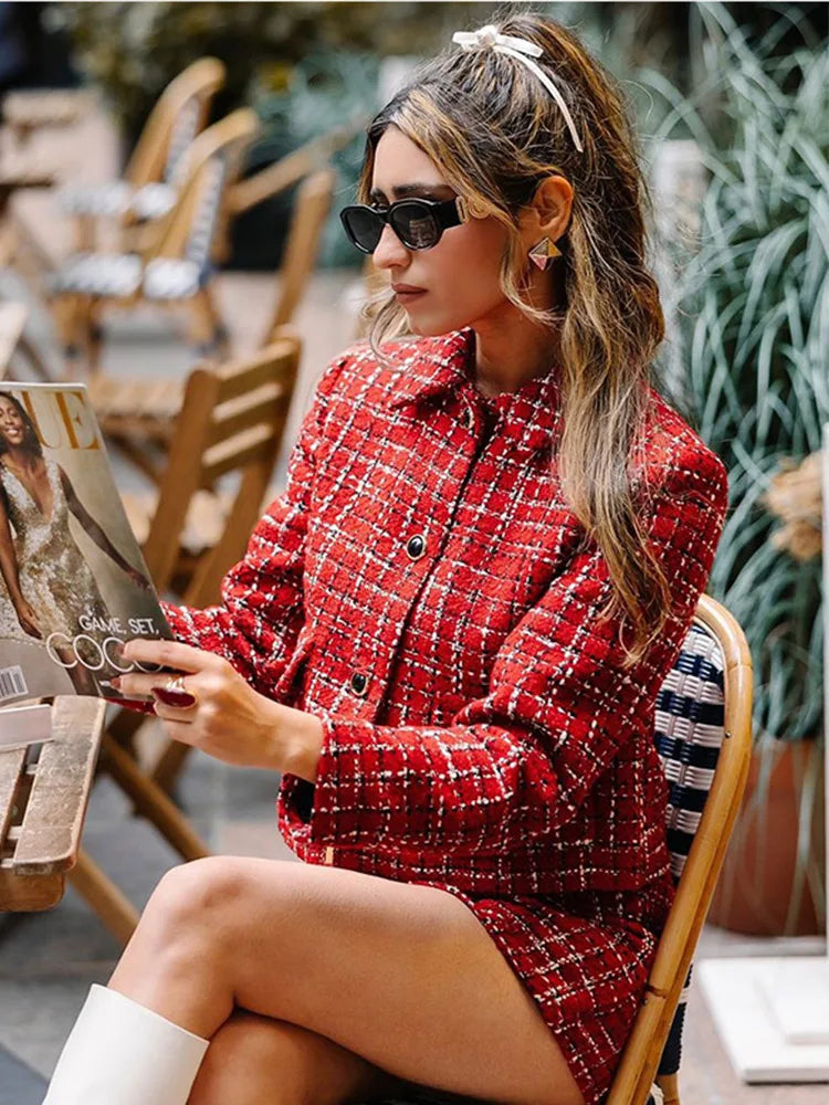 MQTIME - ELegant Autumn Slim Women Sets Fashion Turn-down Collar Long Sleeve Female Coat High Waist Mini Skirt Fashion Lady Office Suit