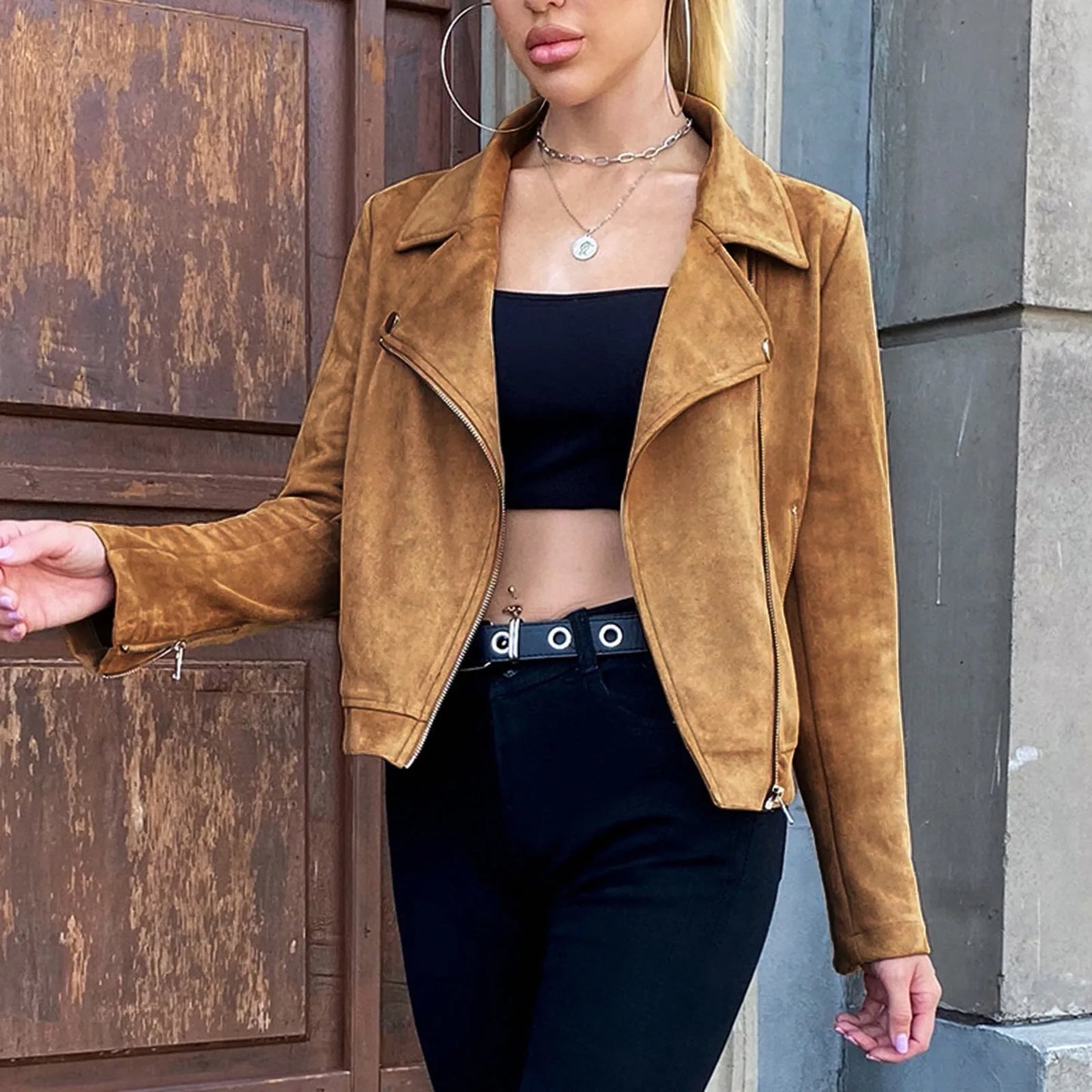MQTIME - Women's Stylish Brown Leather Jacket Autumn New Classic Casual Irregular Zip Up Outerwear Ladies Skinny Long Sleeve Jacket