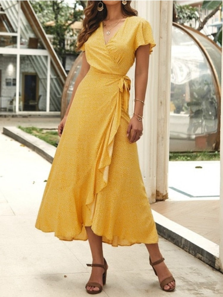 nvxiot New In Dresses Summer Dress for Women 2023 V-neck Floral Short Petal Sleeve Long Dress Beach Dress Women Clothing Streetwear