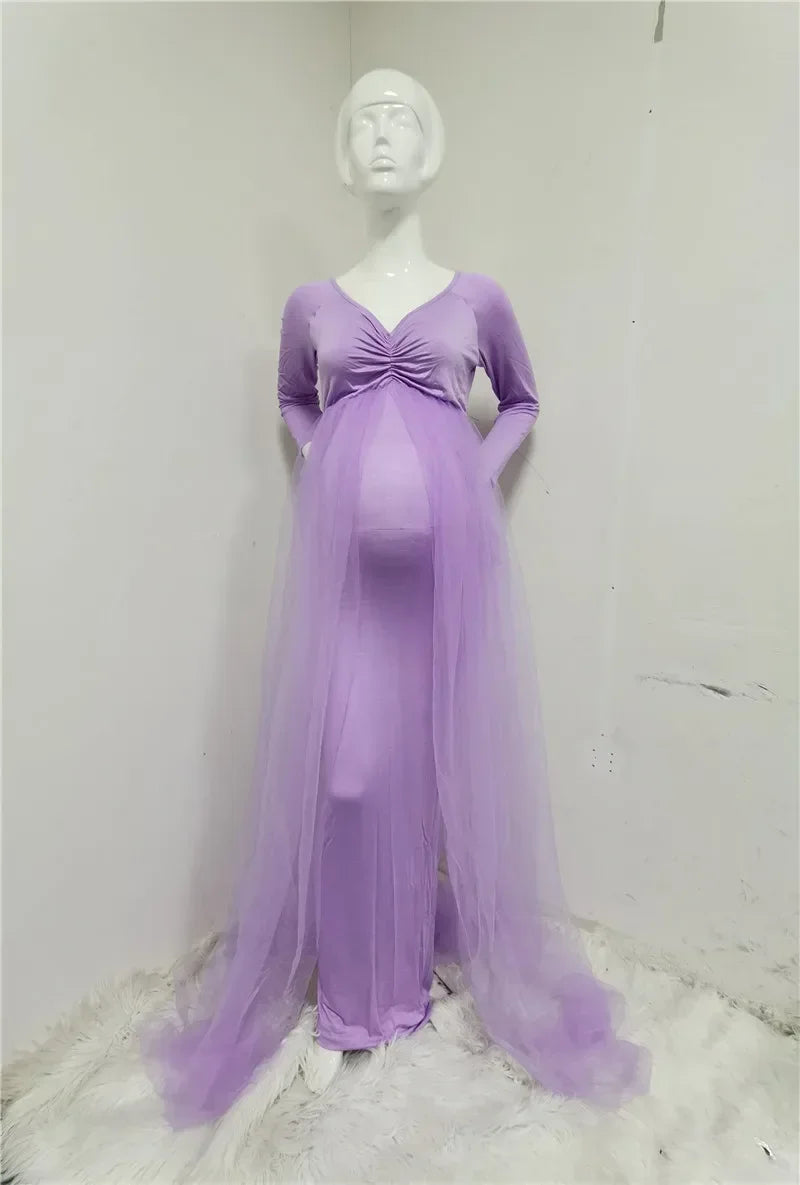 nvxiot - Summer Maternity Tulle Long Dresses Baby Shower Cotton Dress Stretchy Pregnancy Photography Dress with Cape Long Train
