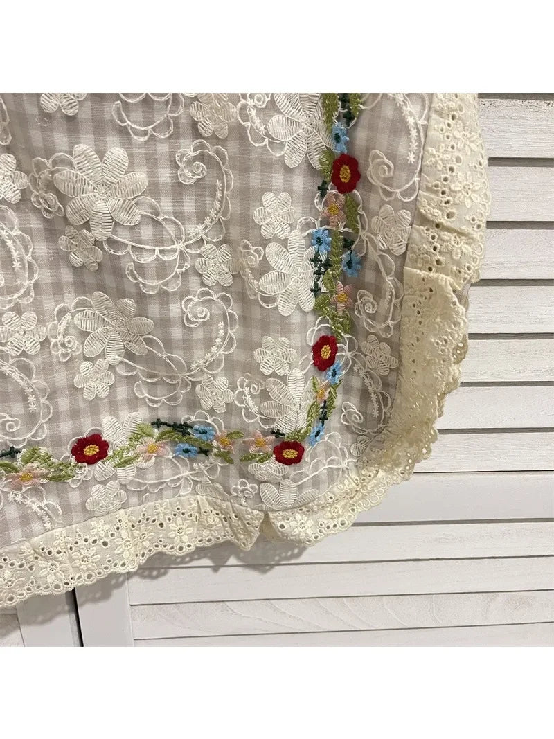 nvxiot - Women Vintage Plaid Lace Embroidery Single Shoulder Bags Totes Women's Soft Floral Cotton Large Capacity Bag