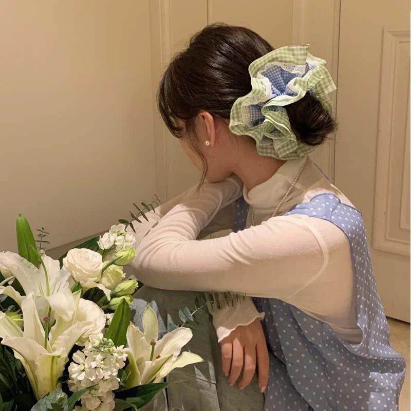 nvxiot - Retro Korean Flower Lace Scrunchies Four Layer Women Girls Exquisite Elastics Plaid Large Intestine Hair Holder Sweet INS Access