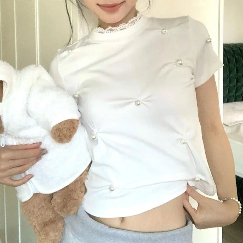 MQTIME - Summer White Round Neck Lace Trim Irregular Pearl Slim Short Sleeve T-shirt Women Top New Fashion Solid Color Casual Short Top