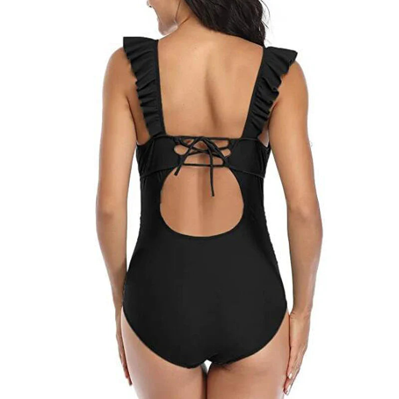 nvxiot - Maternity Swimsuit One Piece Ruffle V Neck Swimwear Lace Up Back Bathing Suit Monokini Maternity Beach Bikini SPA