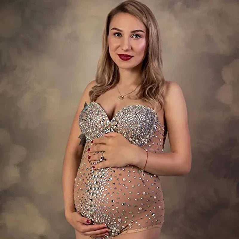 nvxiot - Maternity Photography Sexy Goddess V Neck Rhinestones Pearls Luxurious Stretch Jumpsuits Dress For Photo Shoot Props