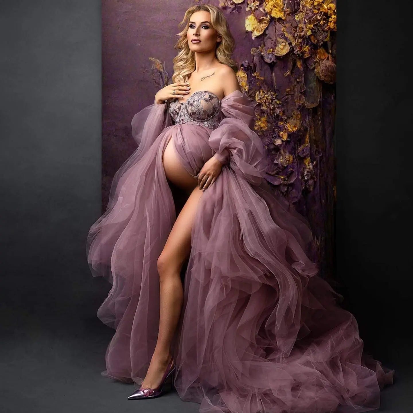 nvxiot - Photo Shoot Dusty Pink Tulle Sequin Maternity Dress with Long Train Puff Sleeves Plus Size Open Front Baby Shower Gown