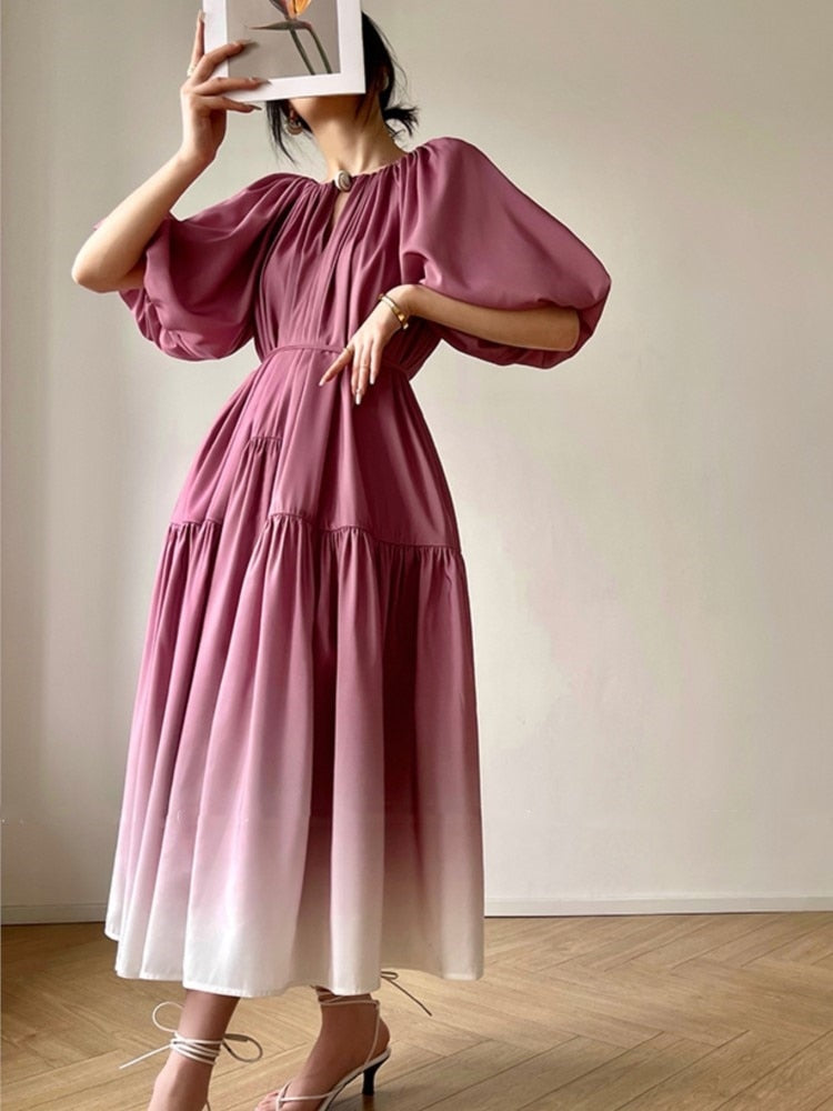 nvxiot French Elegant Oversized Pleated Party Dresses For Women Summer Puff Sleeve Lace Up Vintage Robe Female Birthday Clothing