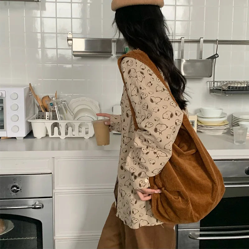 nvxiot Large Capacity Shoulder Bag Women Tote Corduroy Handbags for Female INS Fashion Big Bags Black/Beige/Red/Green/Khaki Solid Color