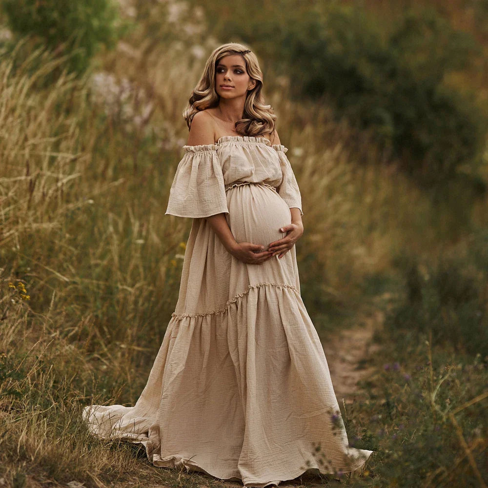 nvxiot - Women Boho Dress Comfortable Linen Cotton Maternity Clothing Vintage Short Sleeve Dress For Pregnancy Photo Shoot