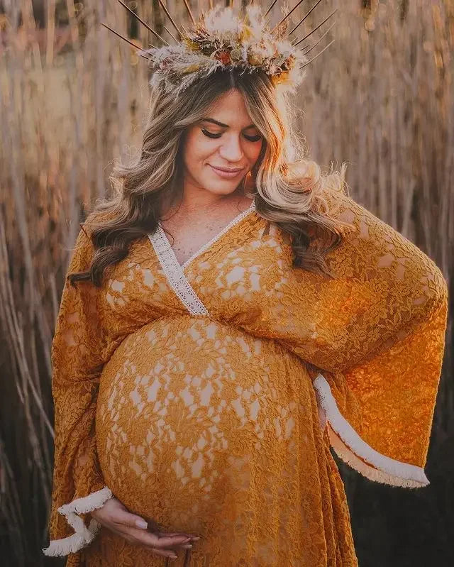 nvxiot - Boho Maternity Lace Yellow Evening Dresses Photography Props Sexy V-neck Long Gown Pregnancy For Photoshoot Fashion Baby Shower
