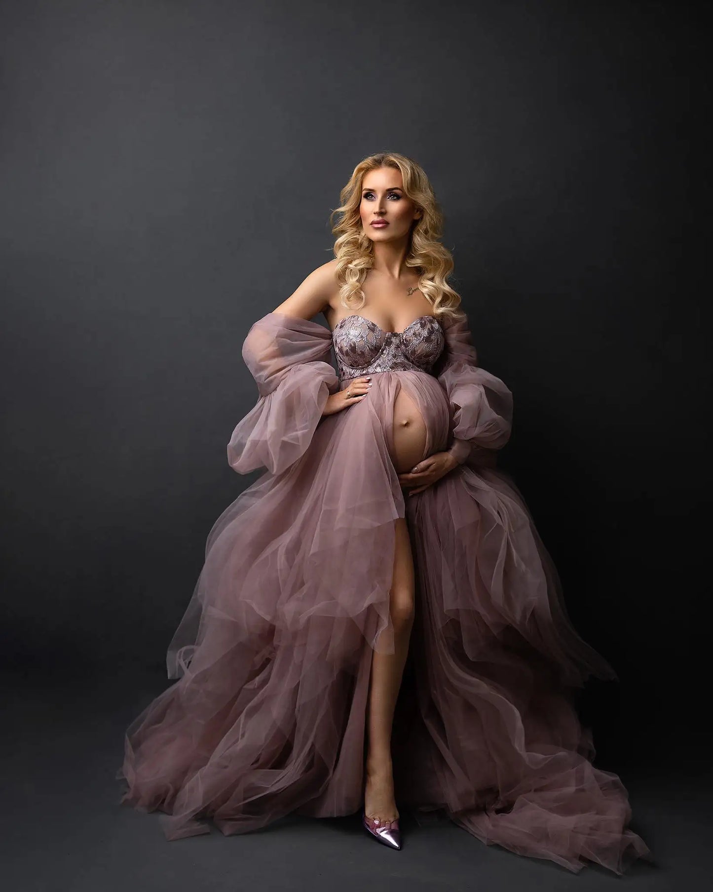 nvxiot - Photo Shoot Dusty Pink Tulle Sequin Maternity Dress with Long Train Puff Sleeves Plus Size Open Front Baby Shower Gown