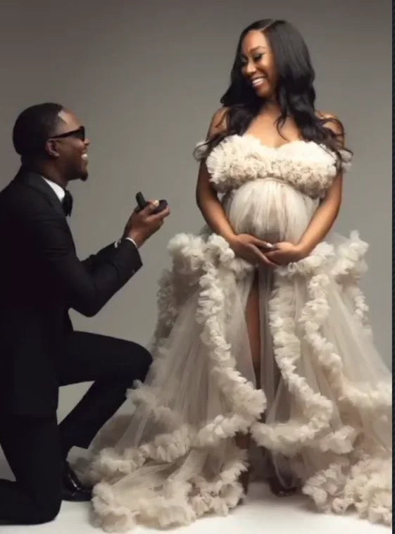 nvxiot - Maternity Photoshoot Tulle Maxi Gown Baby Shower Dress Tiered Ruffles Party