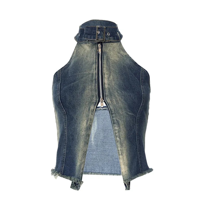 nvxiot - Women Fashion Vintage Denim Tank Crop Tops Front Zipper Split Belt Halter Backless Tassel Jeans Vests Casual Y2k Streetwear