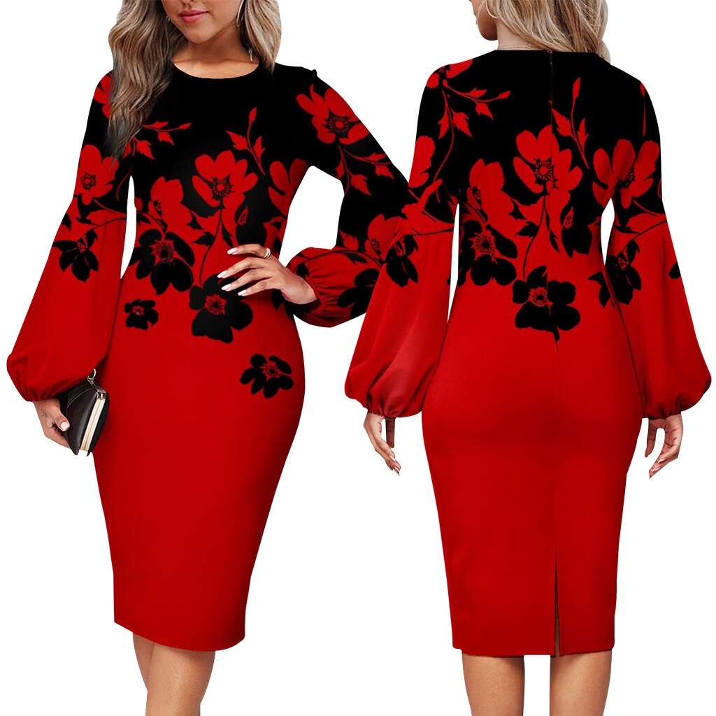 nvxiot Fashion Floral Print Dress Women Elegant O Neck Long Sleeve Party Robes Bodycon Lantern Sleeves African Printed Vestidos Autumn