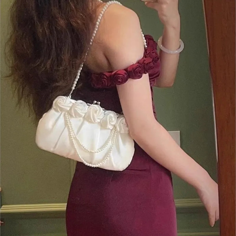 nvxiot - Fairycore White Hand Bag Purse Women Chinese Style Pearl Chic Elegant Messenger Bag Ladies Handle Y2k Handbag Aesthetic