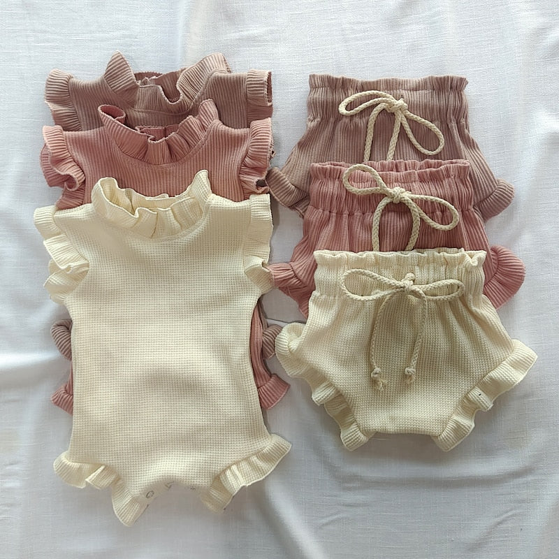 nvxiot 2Pcs Infant Baby Girl Clothes Set Waffle Cotton Ruffle Newborn Vest Romper Tops Bloomer Shorts Suit Baby Summer Outfits Clothing