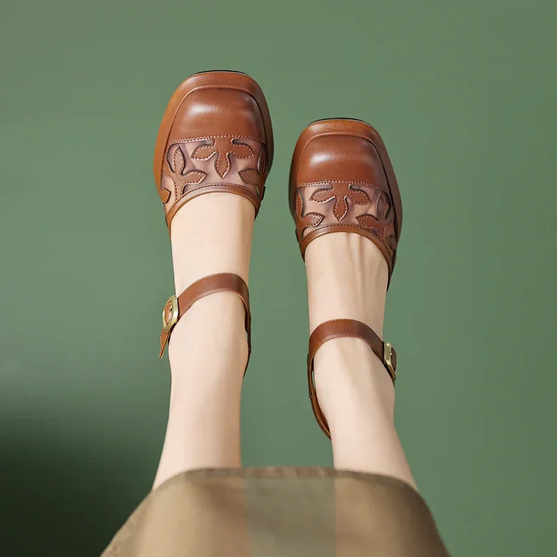 MQTIME - 2024 new summer women sandals natural Leather shoes 22-24.5cm cowhide/Sheep suede+pigskin full leather Hollow flower high heels
