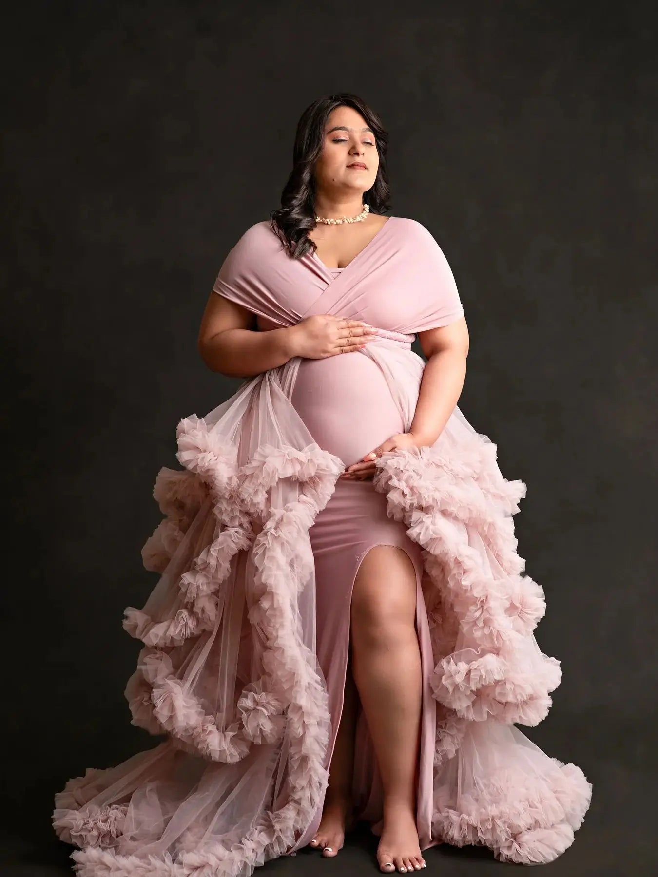 nvxiot - Dusty Pink Maternity Dresses for Babyshower Elegnat Off The Shoulder Ruffles Vestidos For Pregnant Woman Slit Photoshoot Props