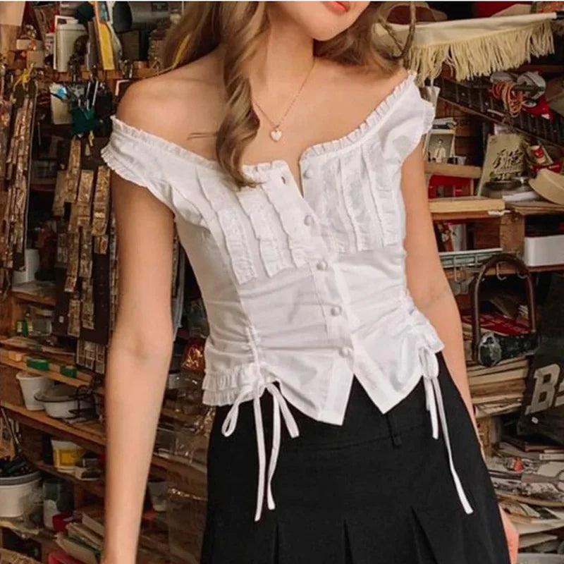 MQTIME - 2024 New Summer Pure White Sleeveless Vest-style Lace-up Round Neck Lace Drawstring Y2k Top With A T-shirt Inside And A Bottom