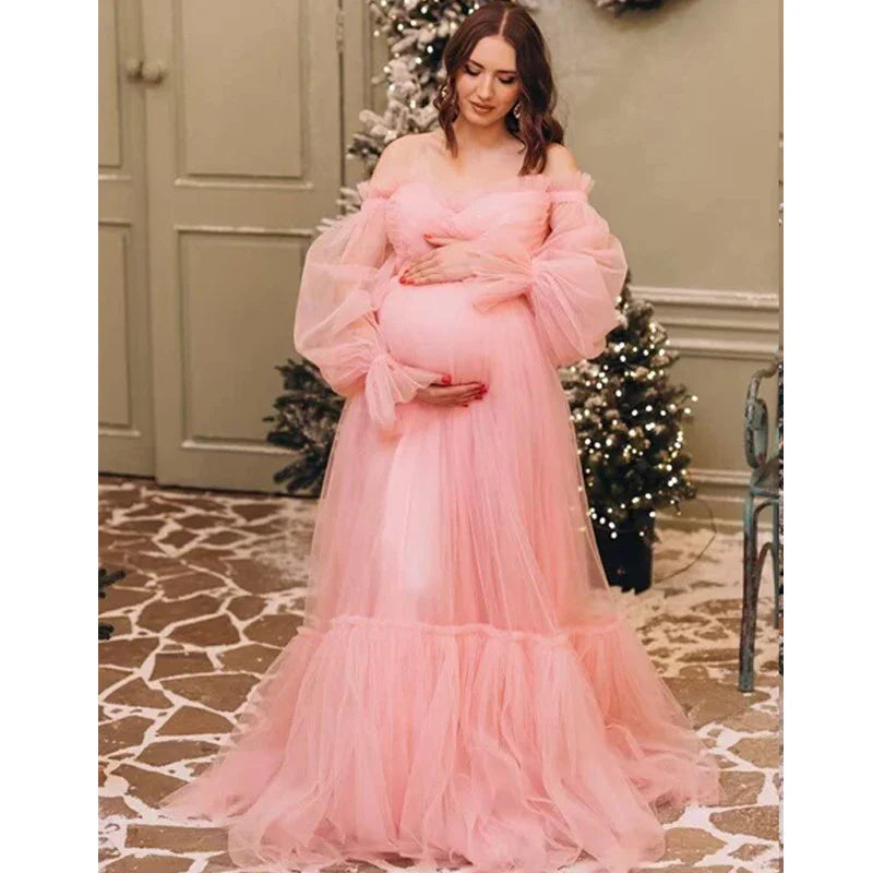 nvxiot - Puffy Sleeve Maternity Dress Tulle Robe With Underskirt for Photoshoot Off Shoulder Pregnancy Baby Shower Gown