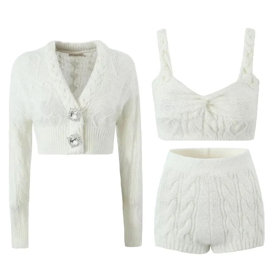 MQTIME - Two Pieces Set, 3 Piece Set, Solid Outfit Button Crystal Rhinestone Sweater Coat Crop Top, Elastic Waistband Short Tracksuit y2k