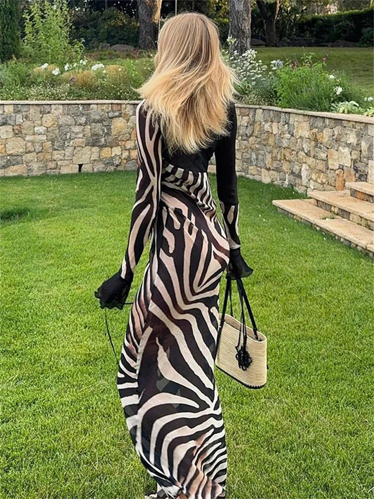 nvxiot - Fall Outfits 2024 Striped Printed Mesh Long Dress For Women See-Through V-Neck Patchwork Contrast High Waist Dress Female Lace-Up Maxi Dress