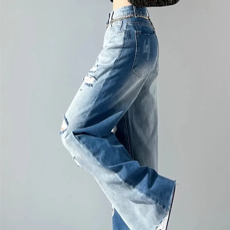 nvxiot - Perforated High Waisted Jeans For The 2023 Summer Women'S New Design Sense, Slim And Popular Straight Tube Blue Washed Wide Leg