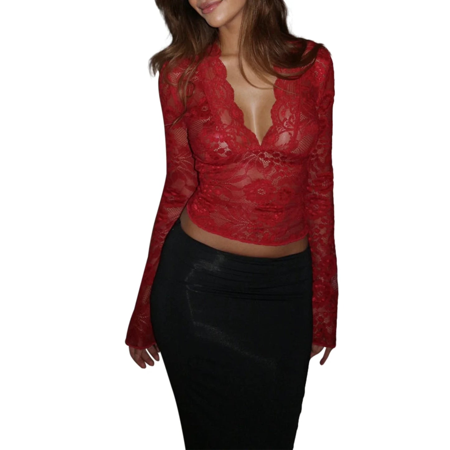MQTIME - Elegant Sexy Blouse Tees Coquette Floral Lace Sheer T-shirt Front Ruffles Tie Up Crop Tops Women Vacation Cover-ups Y2k Fairy
