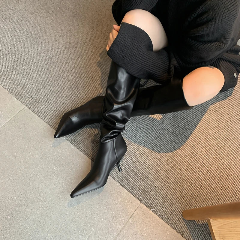 MQTIME - new Autumn Women knee high boots natural leather 22-25cm cowhide+pigskin modern boots pointed toe Retro Elastic boots